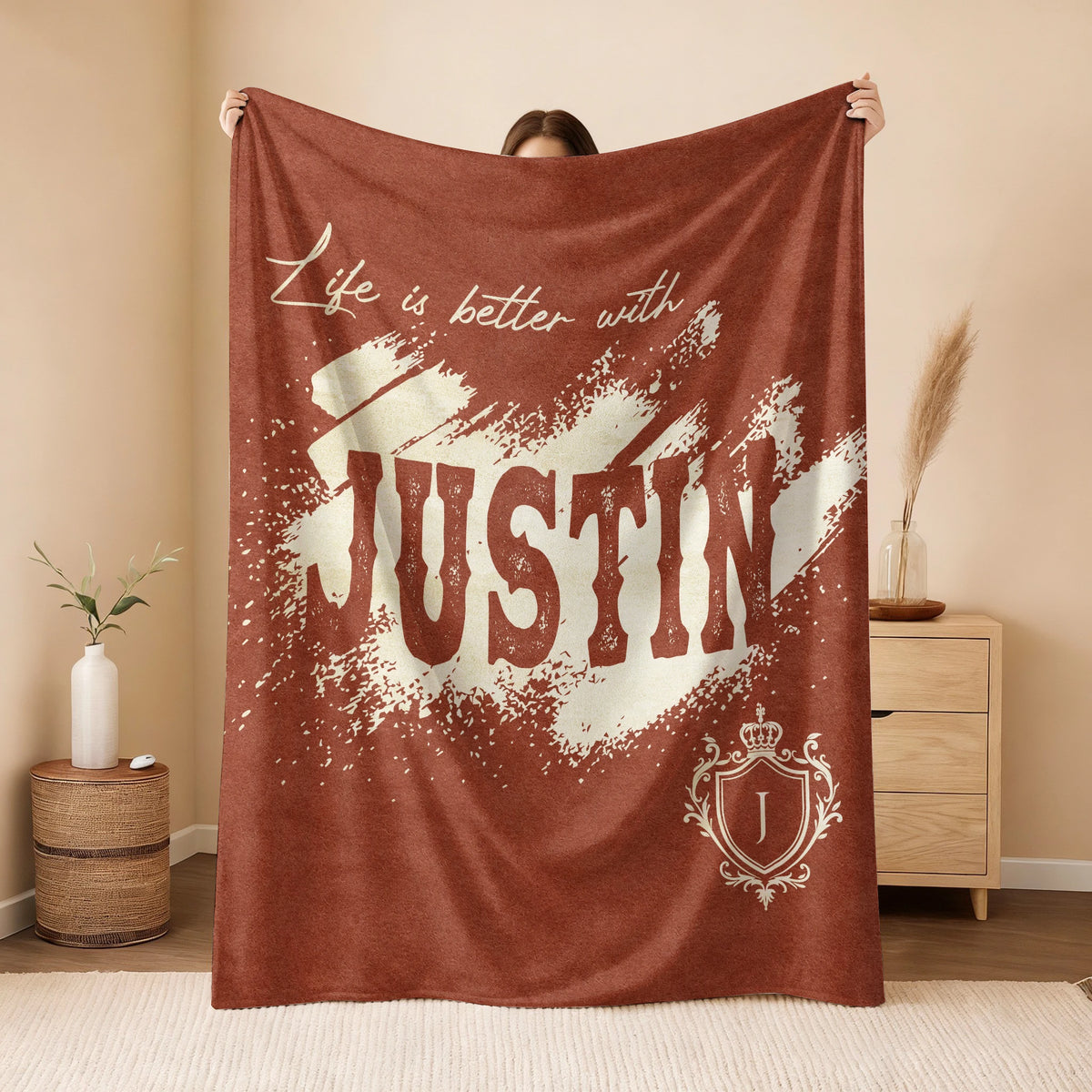 Life Is Better With Your Name Terracotta Cream Fleece Blanket JUSTIN 13K1 BK30