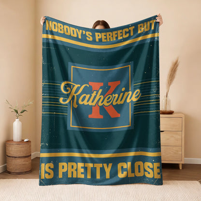 Nobody's Perfect But Your Name Is Close Vintage Blue & Brown Fleece Blanket KATHERINE 13K1 BK54
