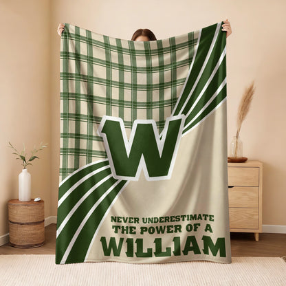 Never Underestimate Your Name Green & Cream Plaid Fleece Blanket WILLIAM 13K1 BK50