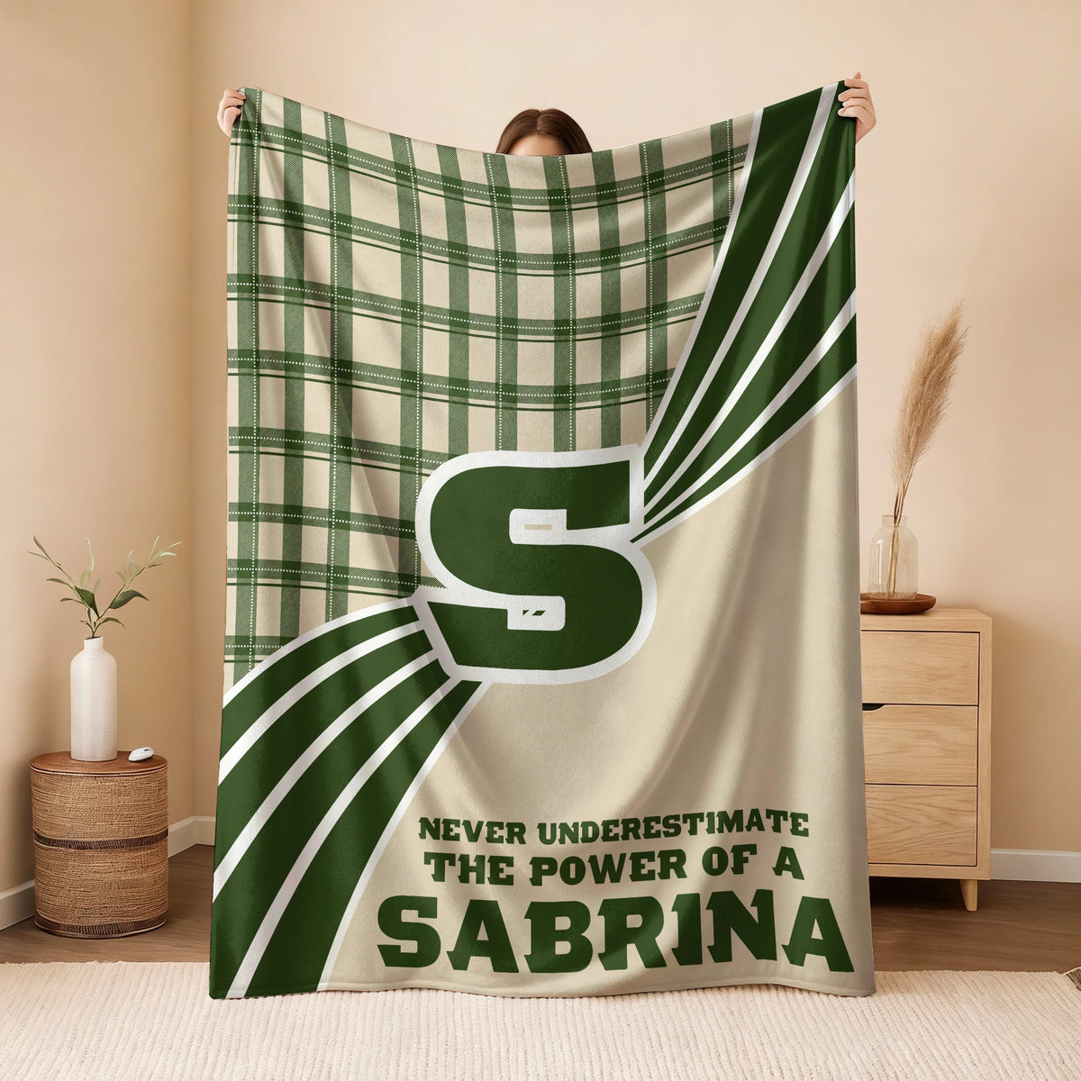 Never Underestimate Your Name Green & Cream Plaid Fleece Blanket SABRINA 13K1 BK50
