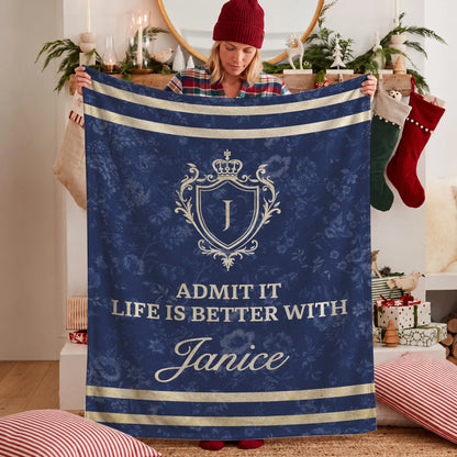 Admit It Life Is Better With Your Name Floral Blue Fleece Blanket JANICE 13K1 BK36