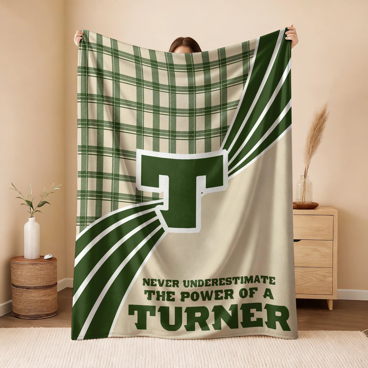Never Underestimate Your Name Green & Cream Plaid Fleece Blanket TURNER 13K1 BK50