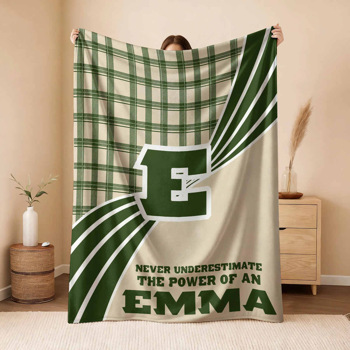 Never Underestimate Your Name Green & Cream Plaid Fleece Blanket EMMA 13K1 BK50