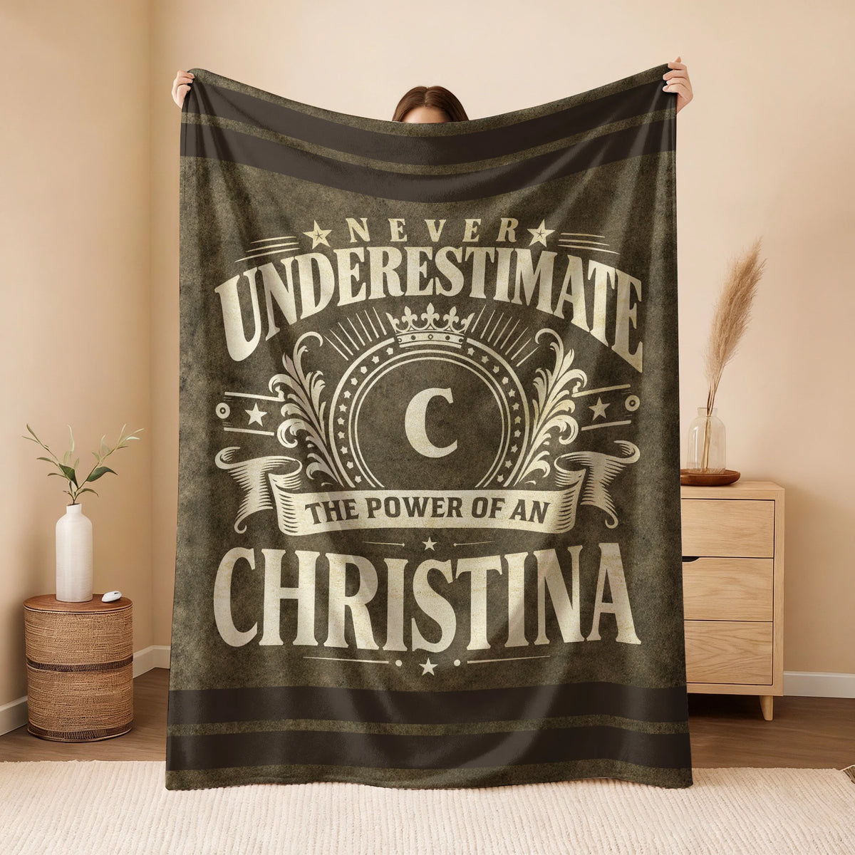 Never Underestimate The Power Of A Name Olive Green Army Fleece Blanket CHRISTINA 13K1 BK46