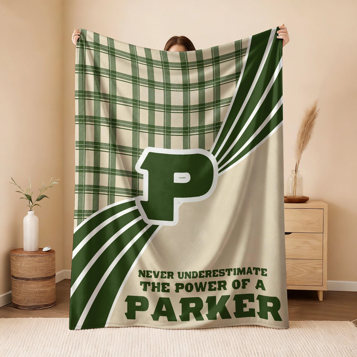 Never Underestimate Your Name Green & Cream Plaid Fleece Blanket PARKER 13K1 BK50