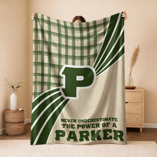 Never Underestimate Your Name Green & Cream Plaid Fleece Blanket PARKER 13K1 BK50
