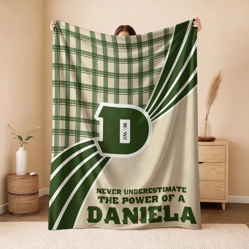 Never Underestimate Your Name Green & Cream Plaid Fleece Blanket DANIELA 13K1 BK50