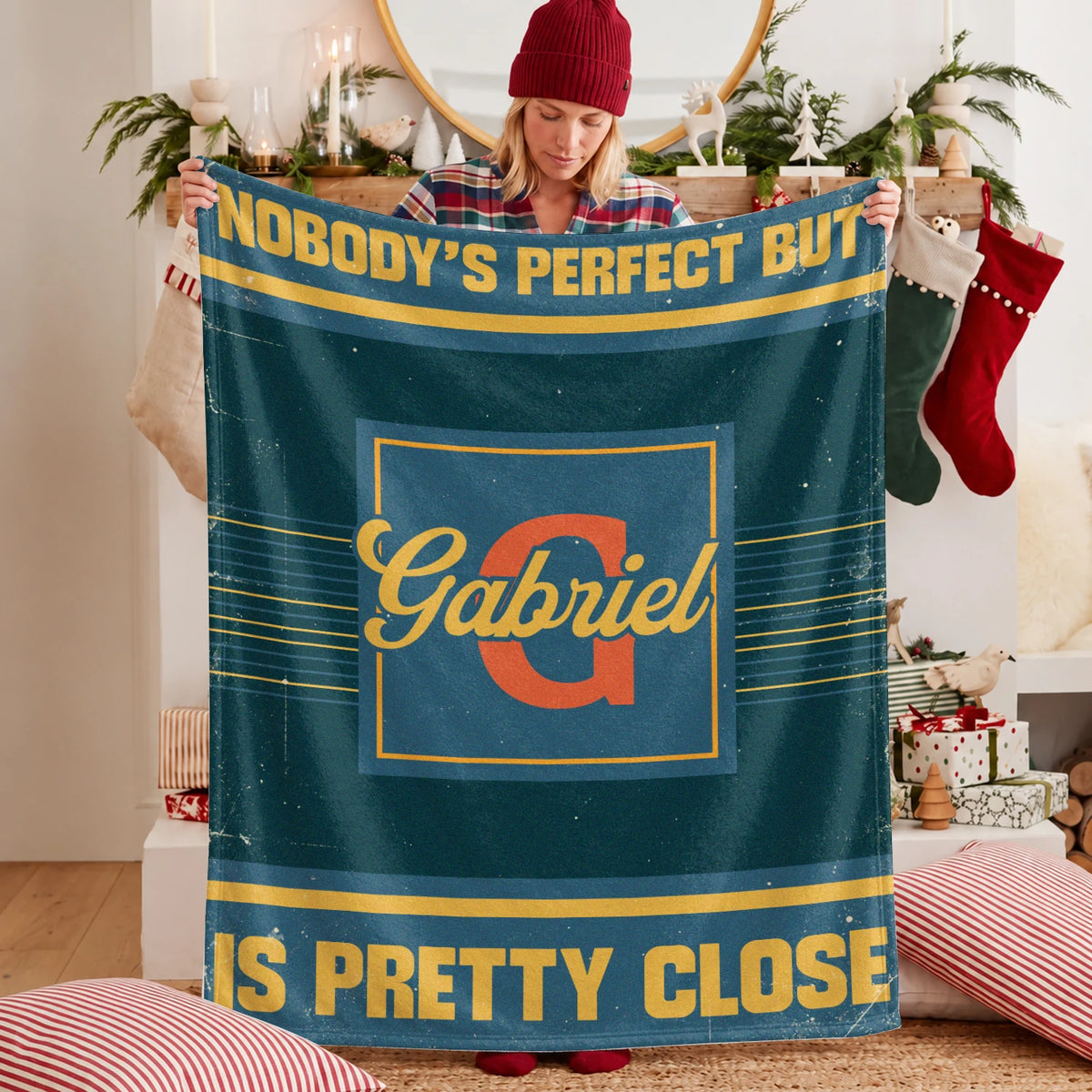 Nobody's Perfect But Your Name Is Close Vintage Blue & Brown Fleece Blanket GABRIEL 13K1 BK54