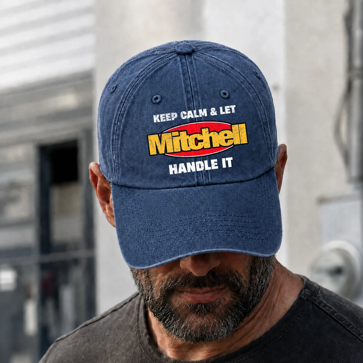 Keep Calm & Let Your Name Handle It Yellow And Red Logo Washed Cap MITCHELL 13K1 C172PF