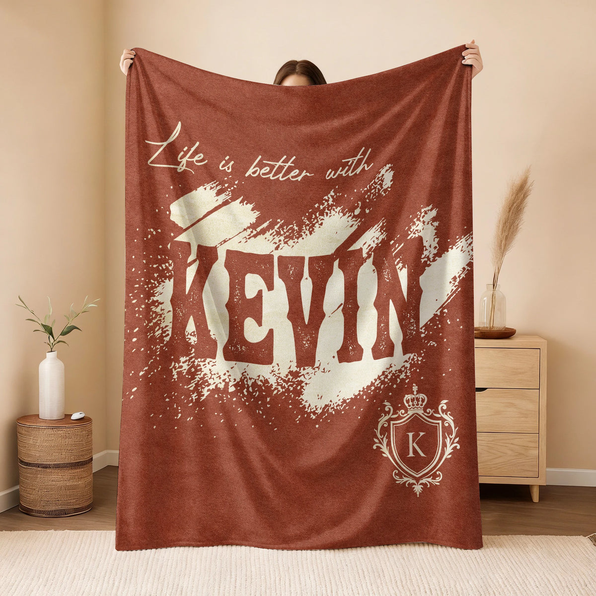 Life Is Better With Your Name Terracotta Cream Fleece Blanket KEVIN 13K1 BK30