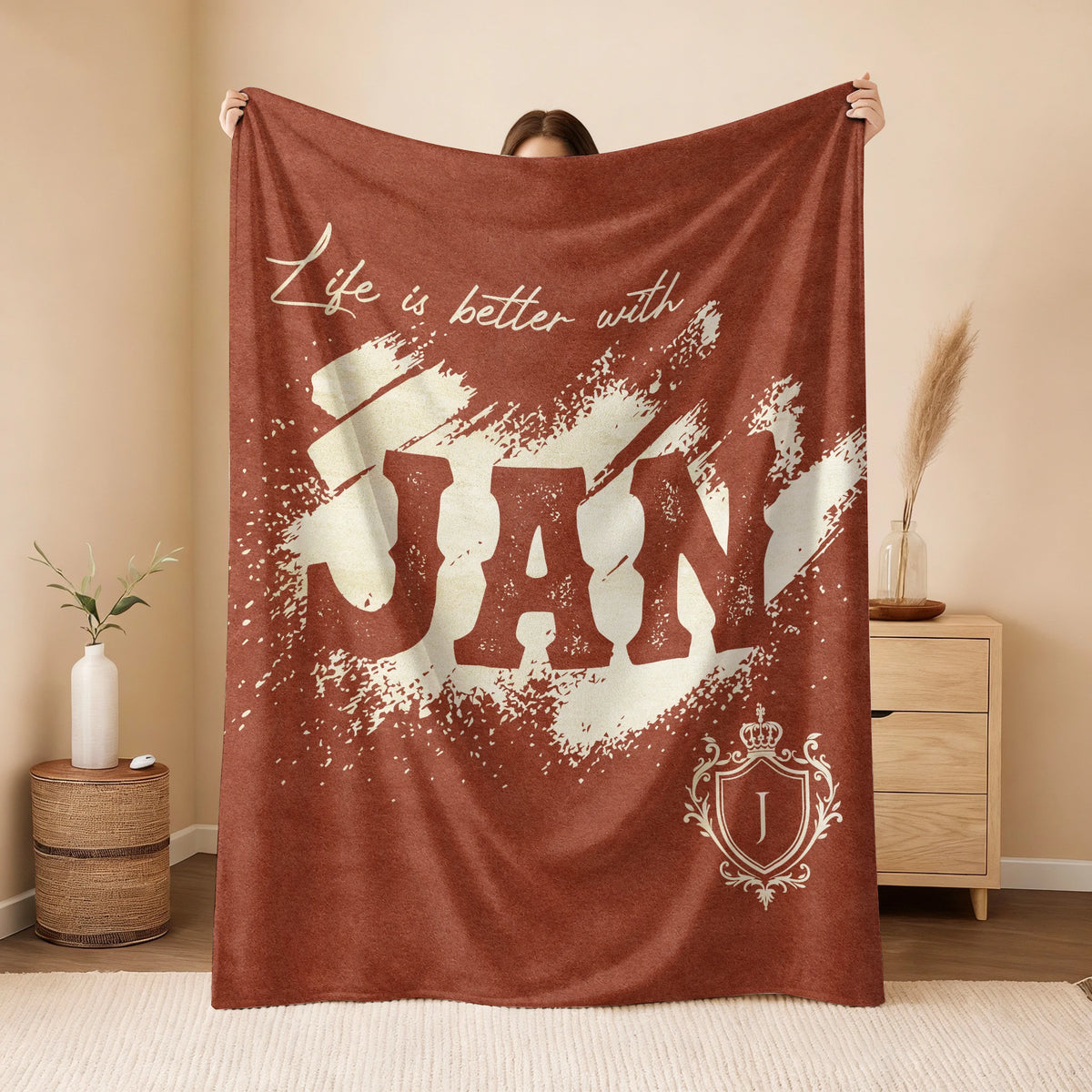 Life Is Better With Your Name Terracotta Cream Fleece Blanket JAN 13K1 BK30