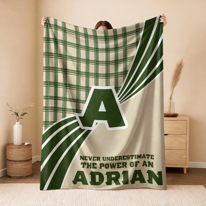 Never Underestimate Your Name Green & Cream Plaid Fleece Blanket ADRIAN 13K1 BK50