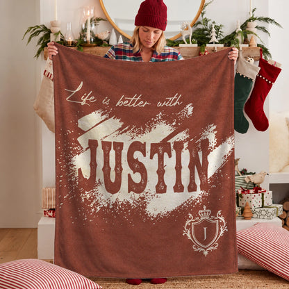Life Is Better With Your Name Terracotta Cream Fleece Blanket JUSTIN 13K1 BK30