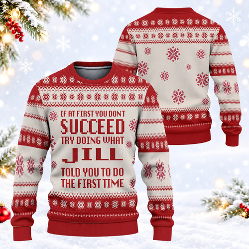 If At First You Don’t Succeed Red Cream Christmas Ugly Sweater JILL 13K1 UG08
