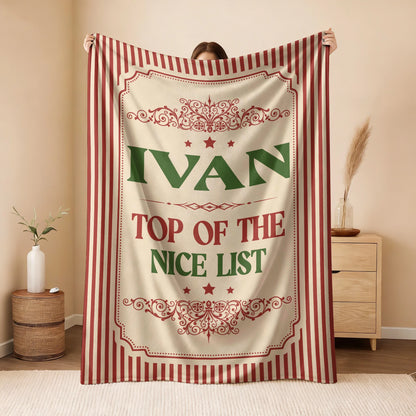 Your Name Nice List Red Striped Christmas Fleece Blanket IVAN 13K1 BK60