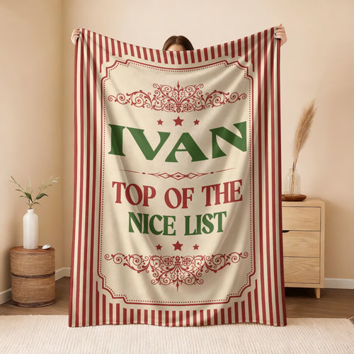 Your Name Nice List Red Striped Christmas Fleece Blanket IVAN 13K1 BK60