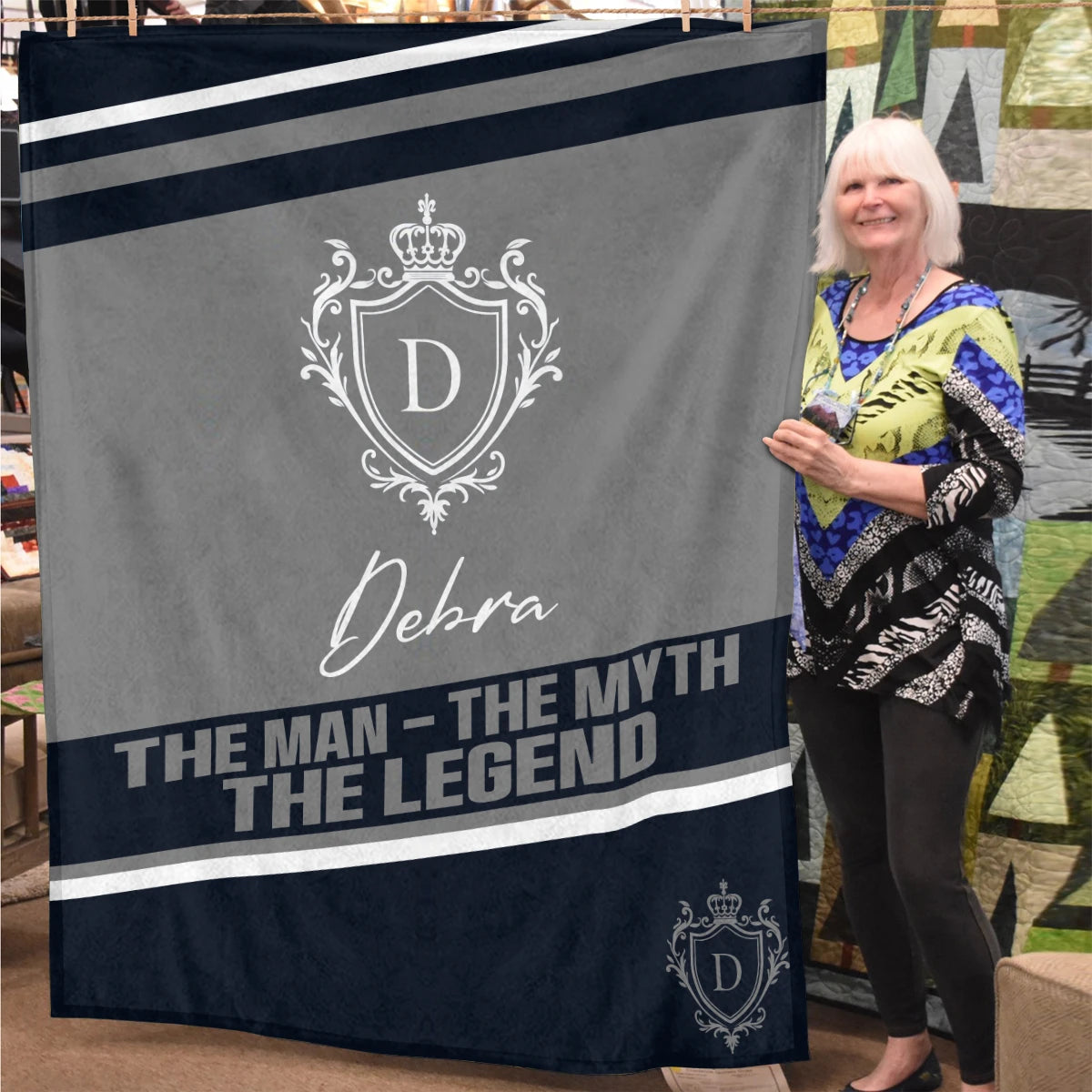 The Man The Myth The Legend Navy Gray Fleece Blanket DEBRA 13K1 BK13