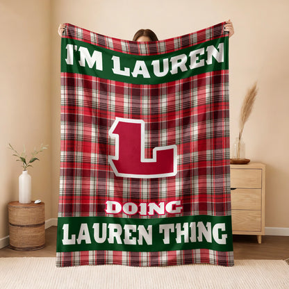 I'm Name Doing Name Things Red Plaid Fleece Blanket LAUREN 13K1 BK49