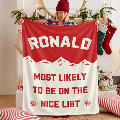 Most Likely on the Nice List Red Vintage Christmas Fleece Blanket RONALD 13K1 BK63