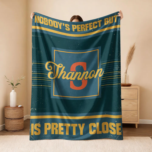 Nobody's Perfect But Your Name Is Close Vintage Blue & Brown Fleece Blanket SHANNON 13K1 BK54
