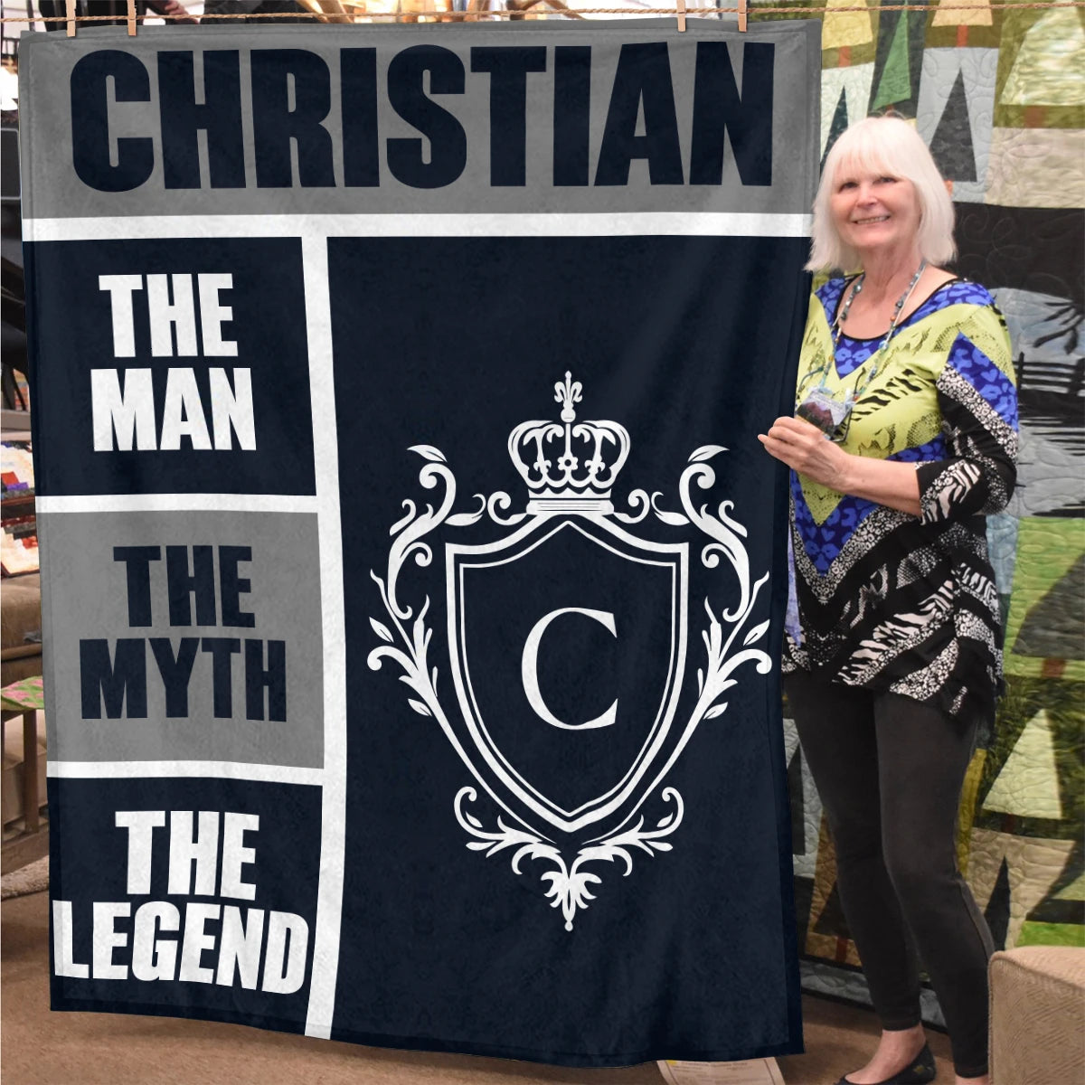 The Man The Myth The Legend Navy Gray & Gold Fleece Blanket  CHRISTIAN 13K1 BK09