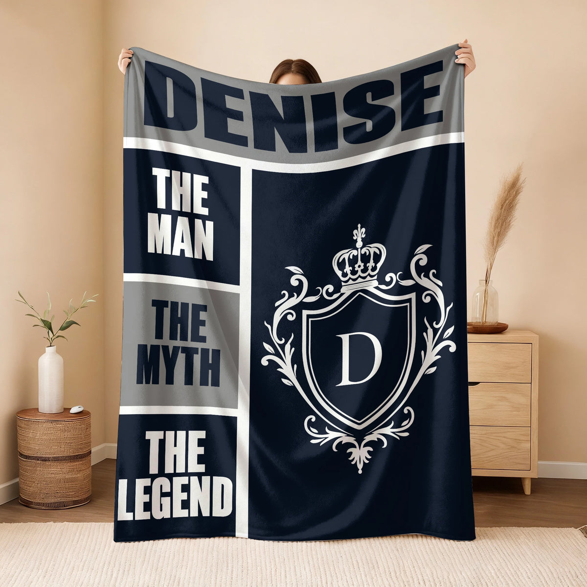 The Man The Myth The Legend Navy Gray & Gold Fleece Blanket  DENISE 13K1 BK09