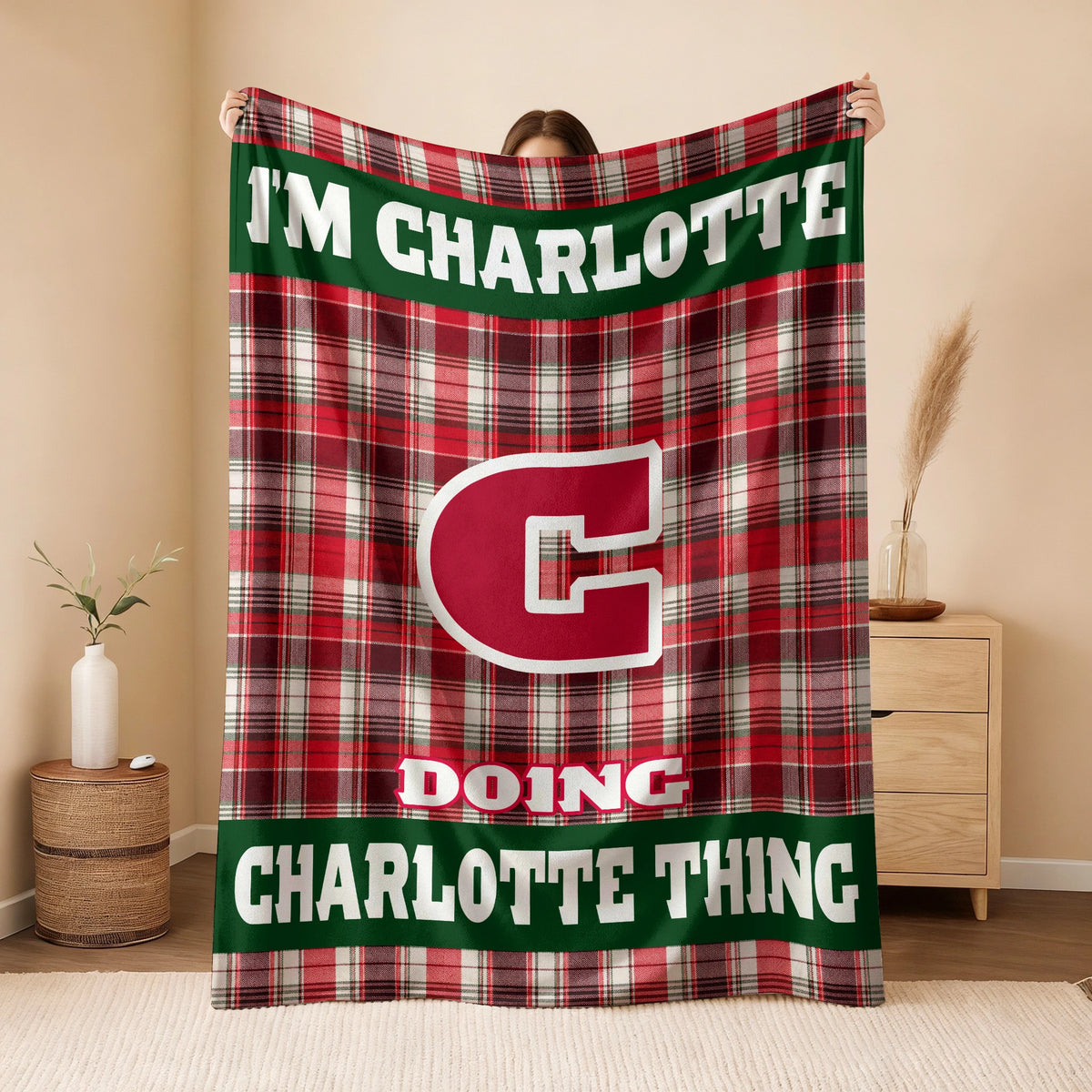 I'm Name Doing Name Things Red Plaid Fleece Blanket CHARLOTTE 13K1 BK49