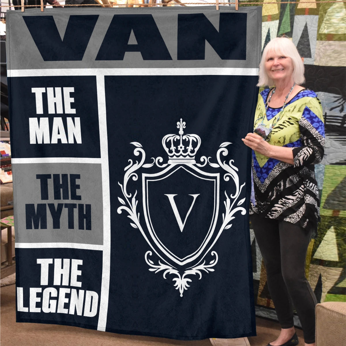 The Man The Myth The Legend Navy Gray & Gold Fleece Blanket  VAN 13K1 BK09