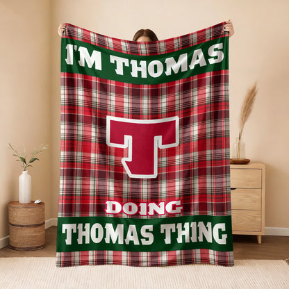 I'm Name Doing Name Things Red Plaid Fleece Blanket THOMAS 13K1 BK49