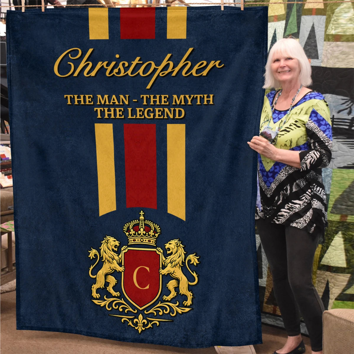 The Man The Myth The Legend Navy Striped Fleece Blanket CHRISTOPHER 13K1 BK16