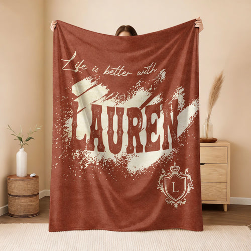 Life Is Better With Your Name Terracotta Cream Fleece Blanket LAUREN 13K1 BK30
