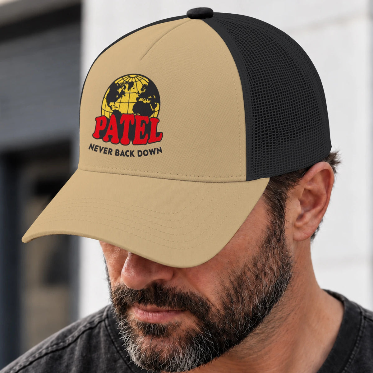 Never Back Down World Logo Khaki Mesh Cap PATEL 13K1 C212PF