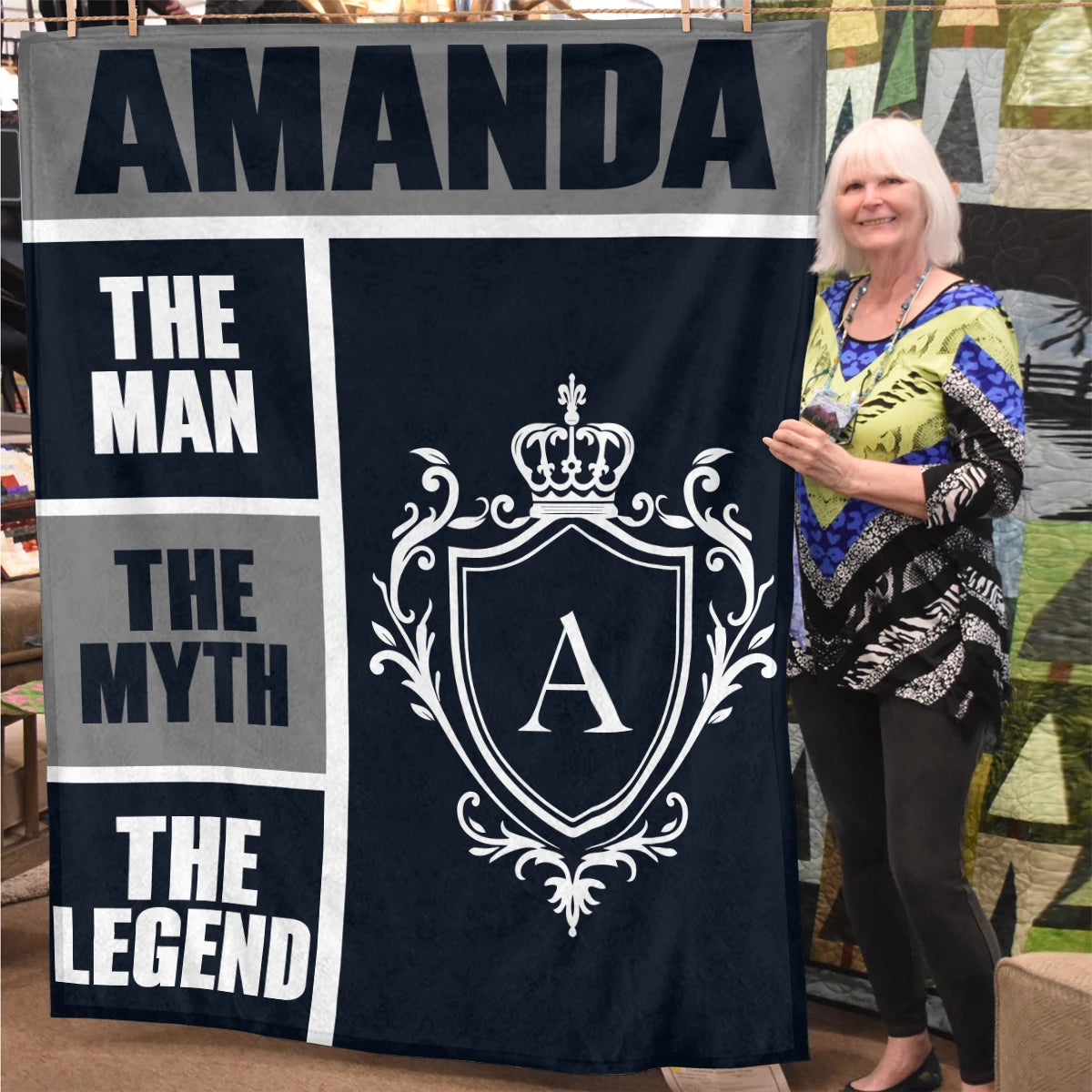 The Man The Myth The Legend Navy Gray & Gold Fleece Blanket  AMANDA 13K1 BK09