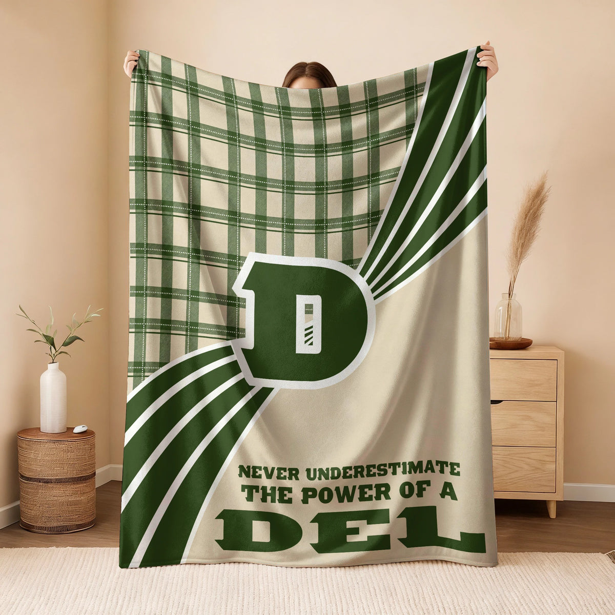 Never Underestimate Your Name Green & Cream Plaid Fleece Blanket DEL 13K1 BK50