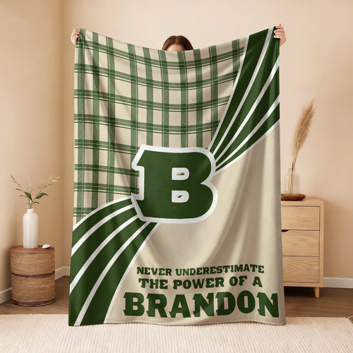 Never Underestimate Your Name Green & Cream Plaid Fleece Blanket BRANDON 13K1 BK50