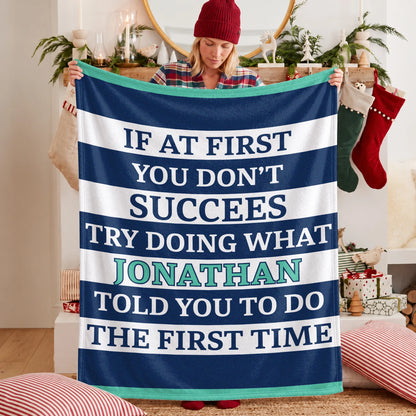 If At First You Don't Succeed Blue & White Striped Fleece Blanket JONATHAN 13K1 BK55
