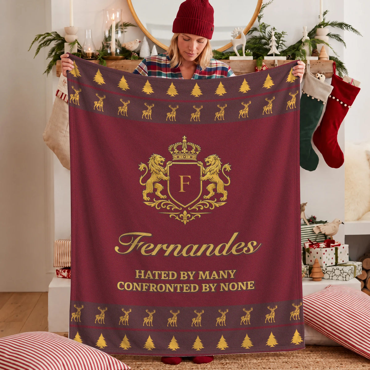 Hated By Many Confronted By None Burgundy Gold Christmas Fleece Blanket FERNANDES 13K1 BK33