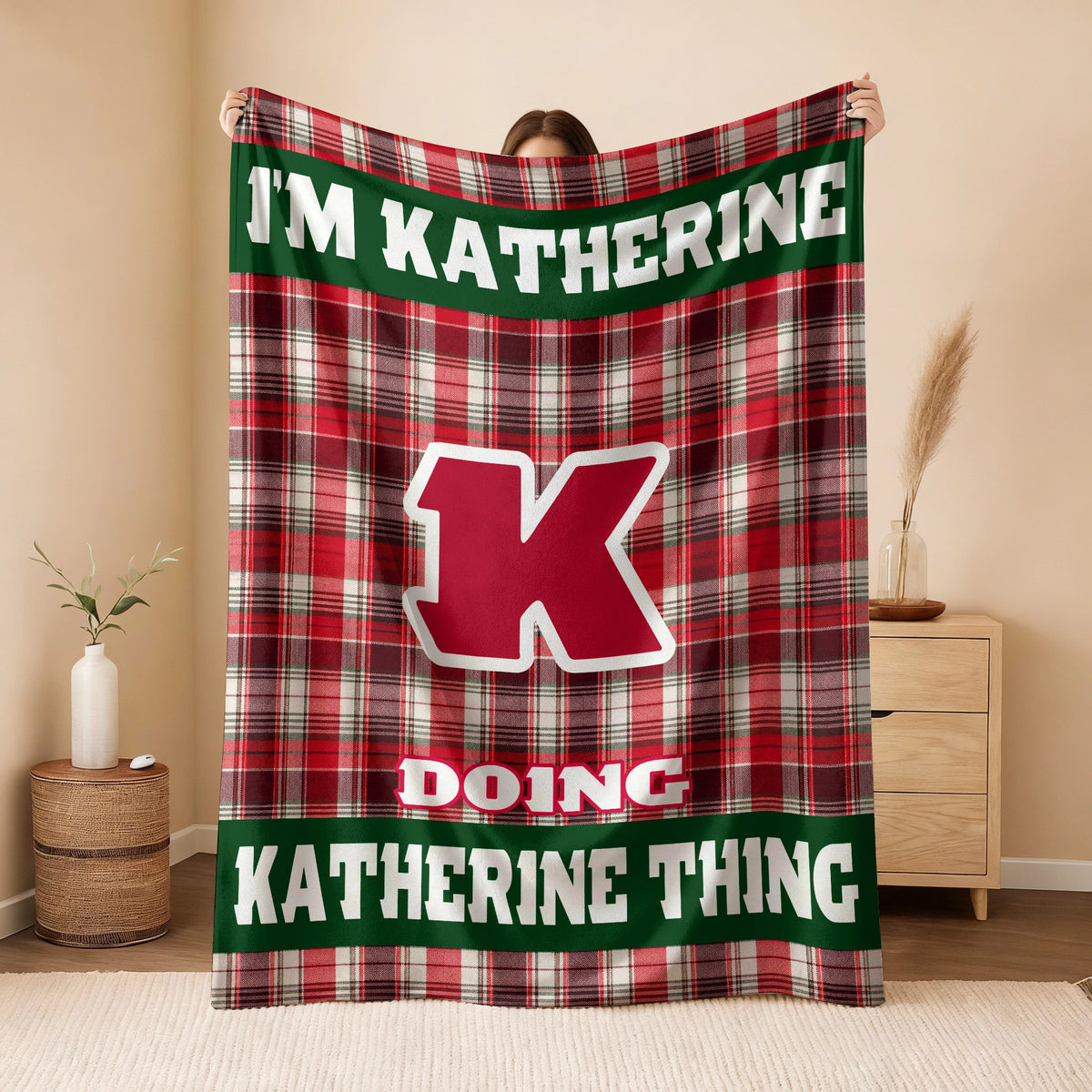 I'm Name Doing Name Things Red Plaid Fleece Blanket KATHERINE 13K1 BK49