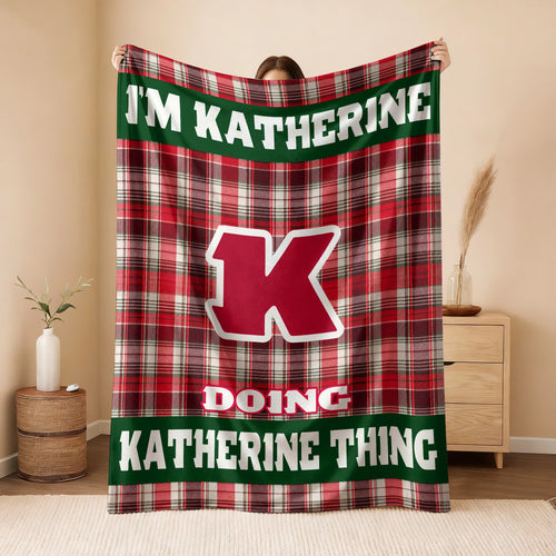 I'm Name Doing Name Things Red Plaid Fleece Blanket KATHERINE 13K1 BK49