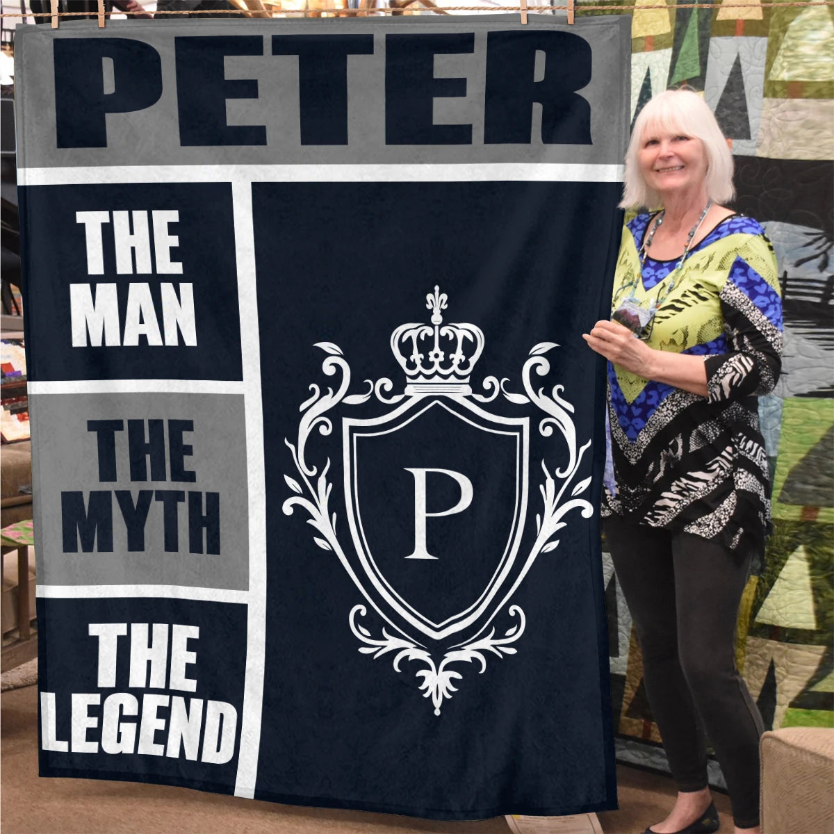 The Man The Myth The Legend Navy Gray & Gold Fleece Blanket  PETER 13K1 BK09
