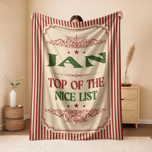 Your Name Nice List Red Striped Christmas Fleece Blanket JAN 13K1 BK60