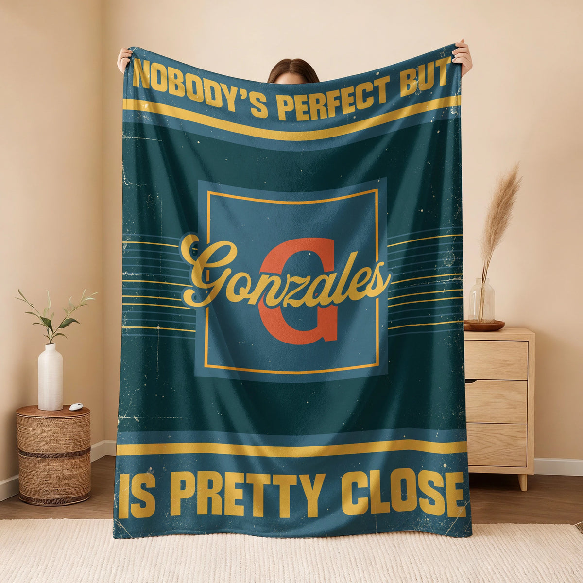 Nobody's Perfect But Your Name Is Close Vintage Blue & Brown Fleece Blanket GONZALES 13K1 BK54