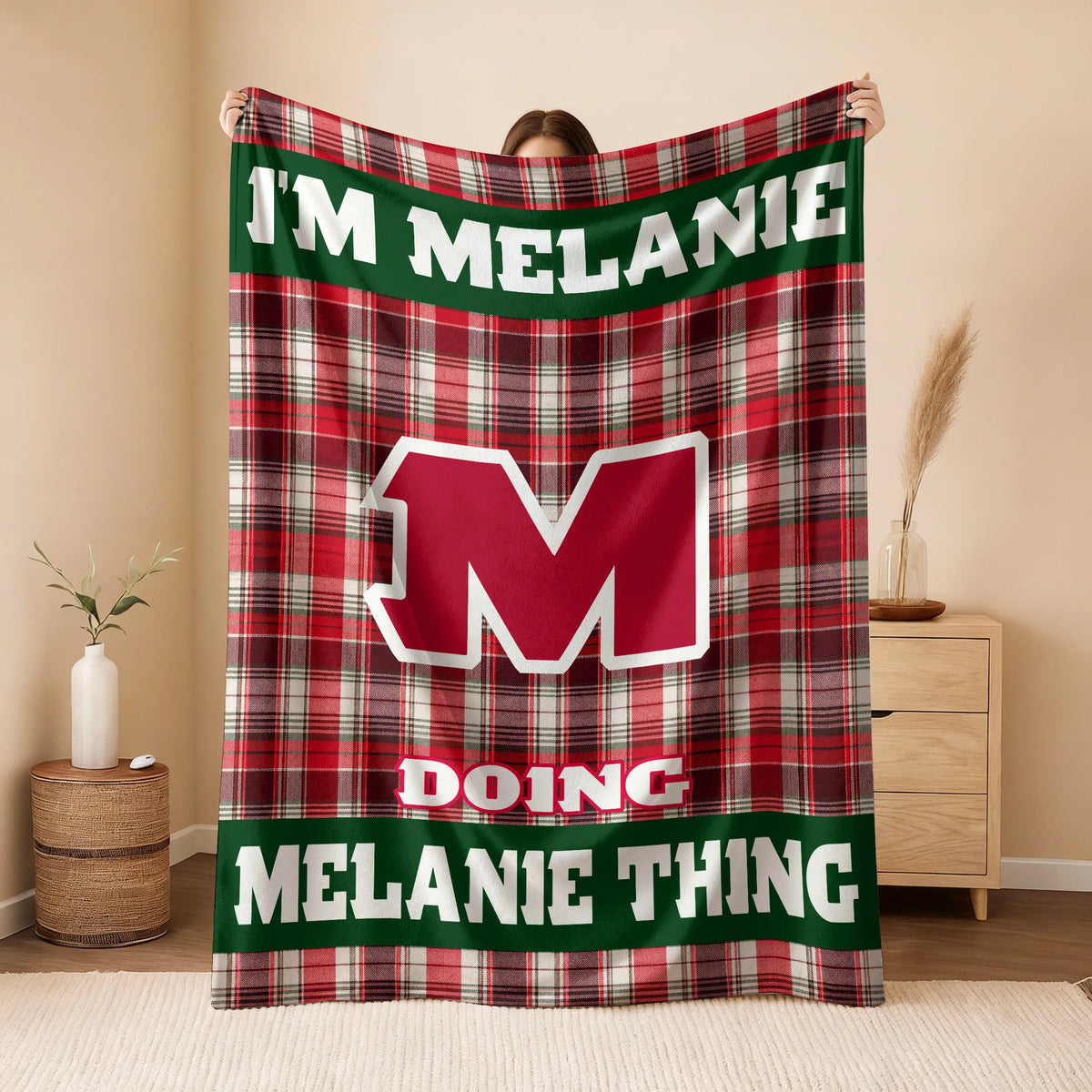I'm Name Doing Name Things Red Plaid Fleece Blanket MELANIE 13K1 BK49