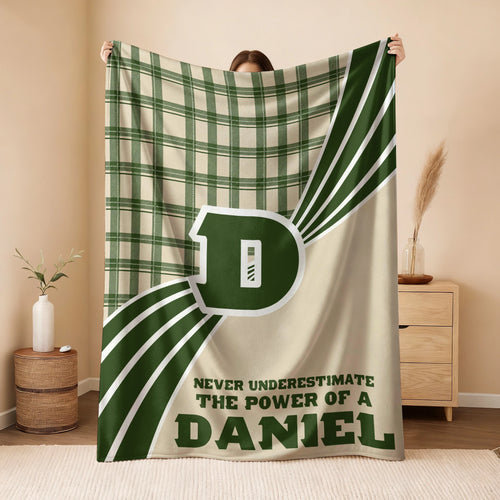 Never Underestimate Your Name Green & Cream Plaid Fleece Blanket DANIEL 13K1 BK50