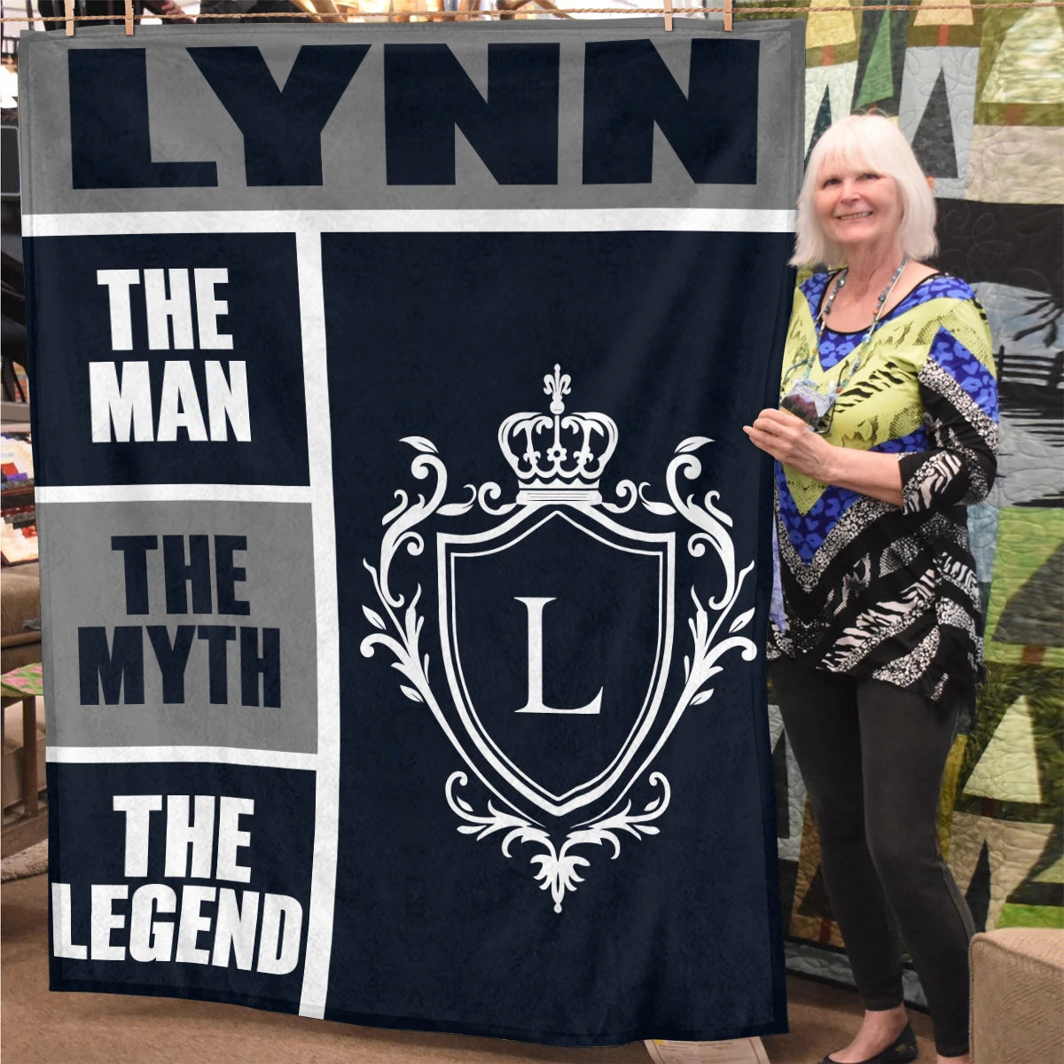 The Man The Myth The Legend Navy Gray & Gold Fleece Blanket  LYNN 13K1 BK09