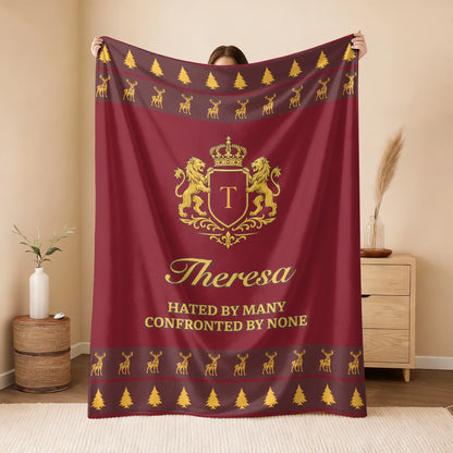 Hated By Many Confronted By None Burgundy Gold Christmas Fleece Blanket THERESA 13K1 BK33