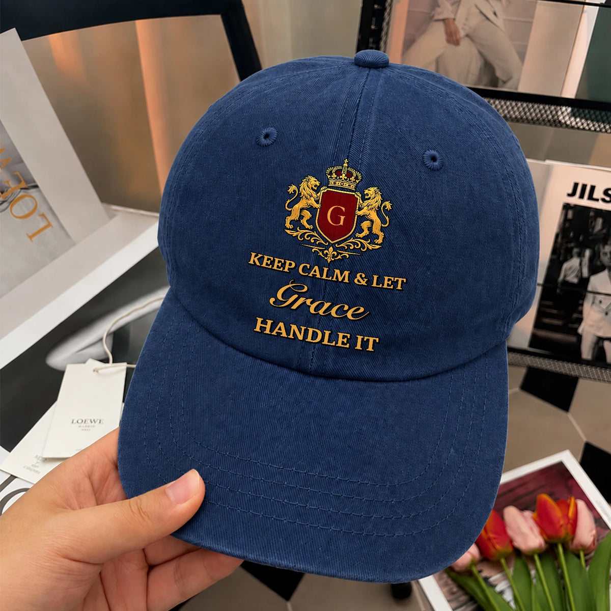 Keep Calm & Let Your Name Handle It Royal Blue Washed Cap GRACE 13K1 C115PF