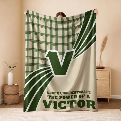 Never Underestimate Your Name Green & Cream Plaid Fleece Blanket VICTOR 13K1 BK50