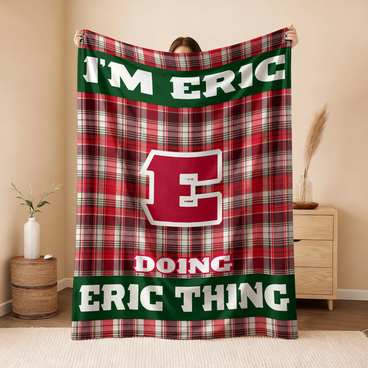 I'm Name Doing Name Things Red Plaid Fleece Blanket ERIC 13K1 BK49