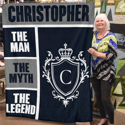 The Man The Myth The Legend Navy Gray & Gold Fleece Blanket  CHRISTOPHER 13K1 BK09